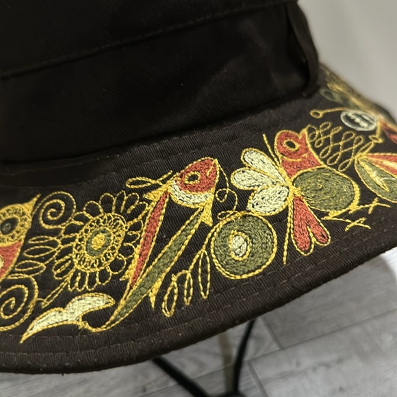 Brown embroidered floral owl garden bucket boho hat - Picture 2 of 5